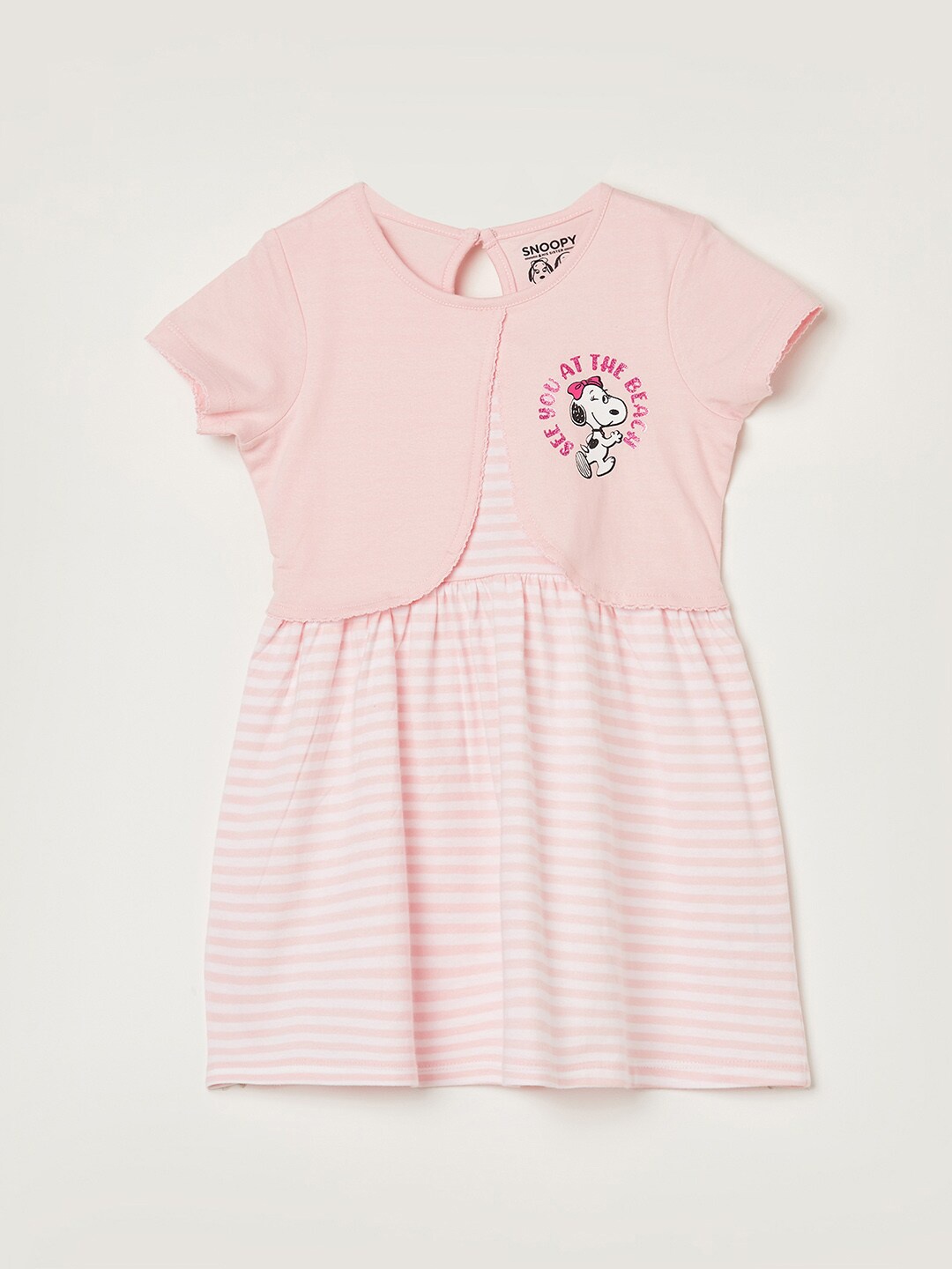 Juniors by Lifestyle Girls Snoopy Striped Layered Detail Cotton A-Line Dress, White