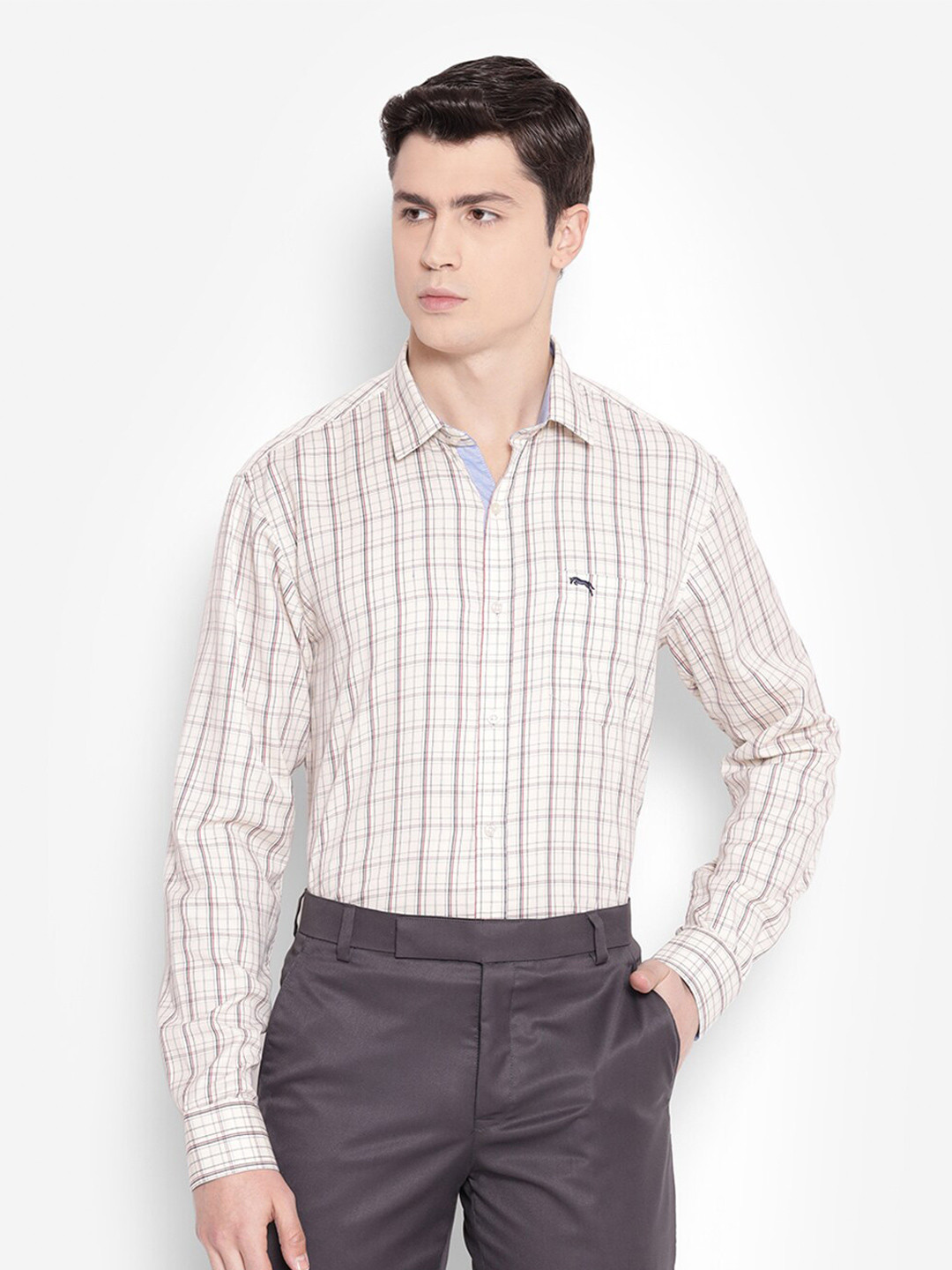 

JUMP USA Men Comfort Grid Tattersall Checks Formal Shirt, Cream