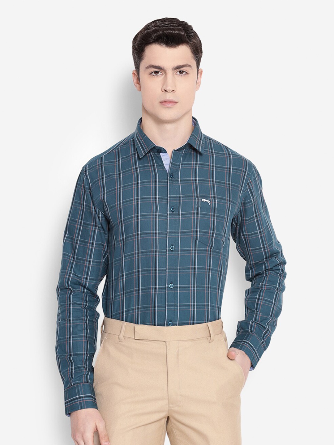 

JUMP USA Men Comfort Tartan Checked Pure Cotton Formal Shirt, Blue