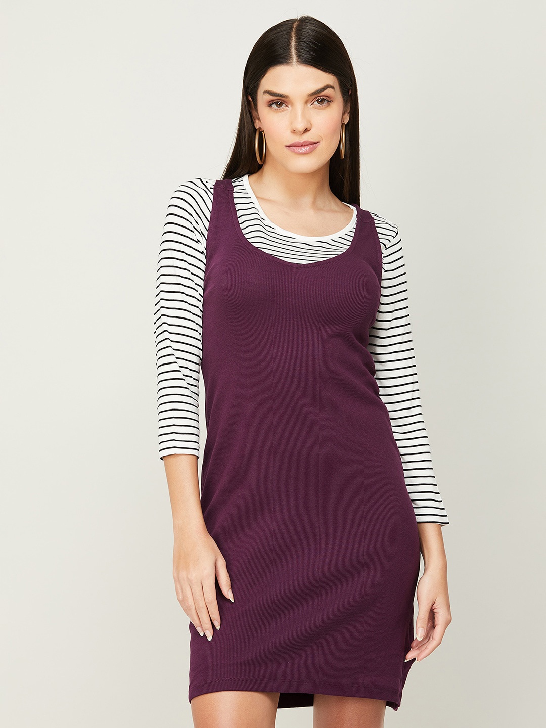 

CODE by Lifestyle Striped Printed Top With Cotton Sheath Dress, Maroon