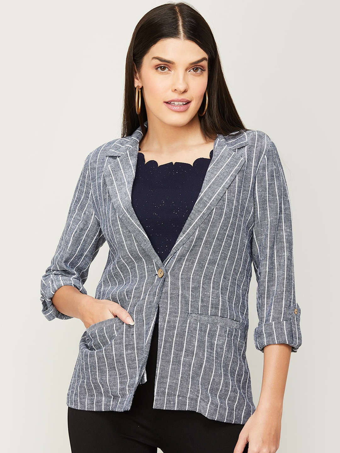 

CODE by Lifestyle Striped Cotton Single-Breasted Blazer, Blue