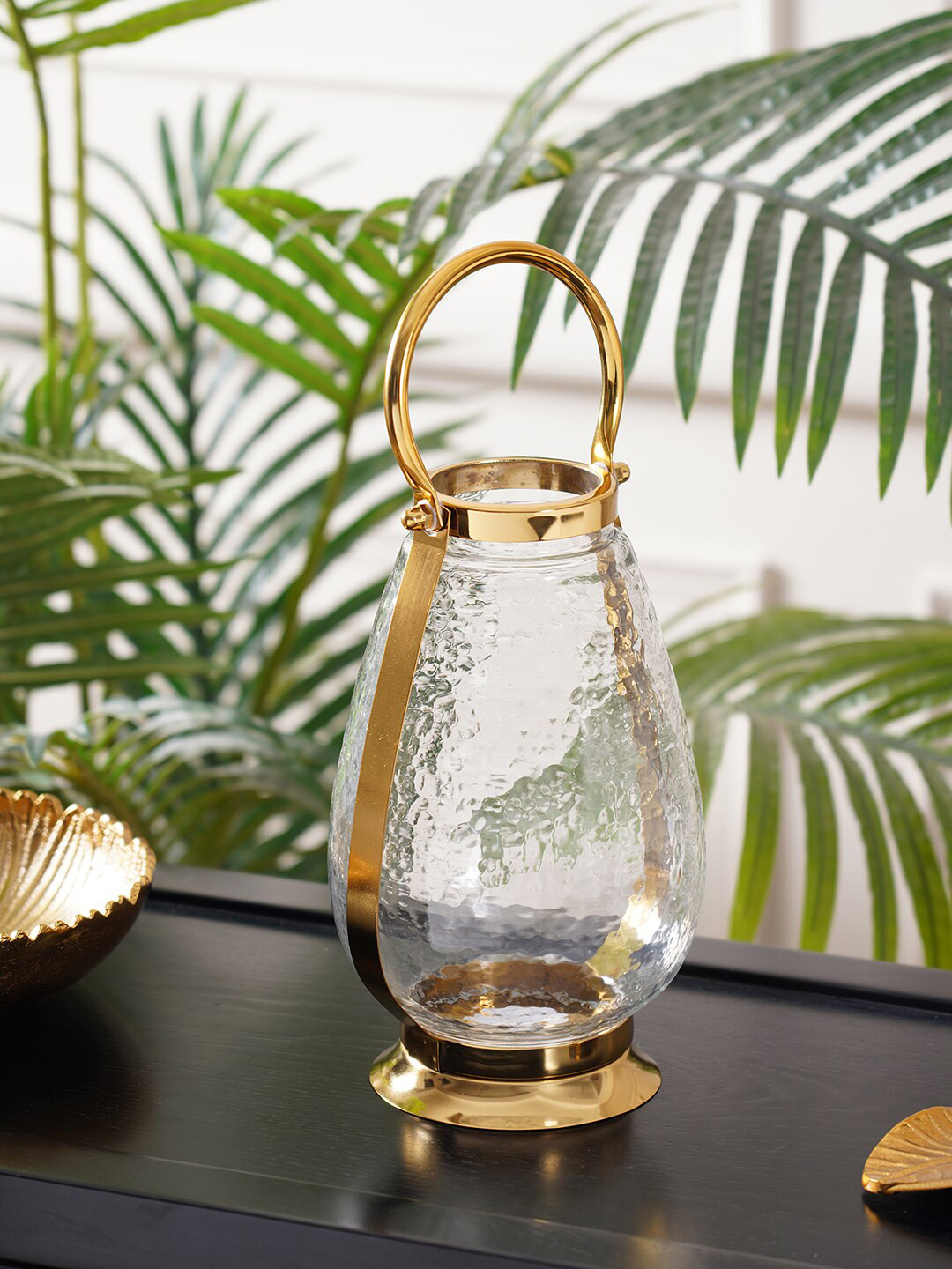 

Pure Home and Living Transparent Glass Cylindrical Lantern with Gold Handle