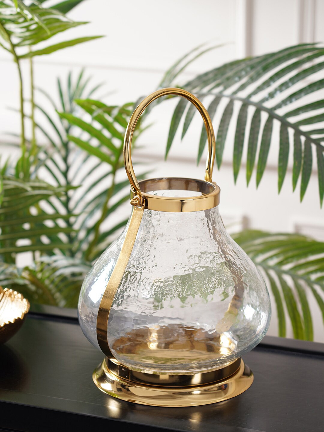 

Pure Home and Living Clear Reverse Dome Shaped Lantern With Gold Handle, Transparent