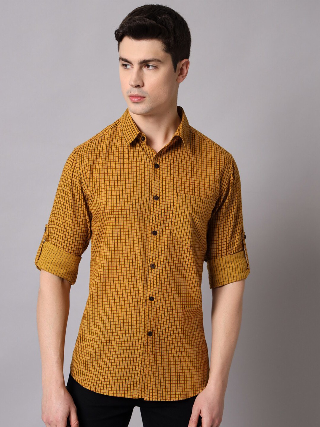 

Sutidora Men Classic Checked Printed Cotton Casual Shirt, Yellow