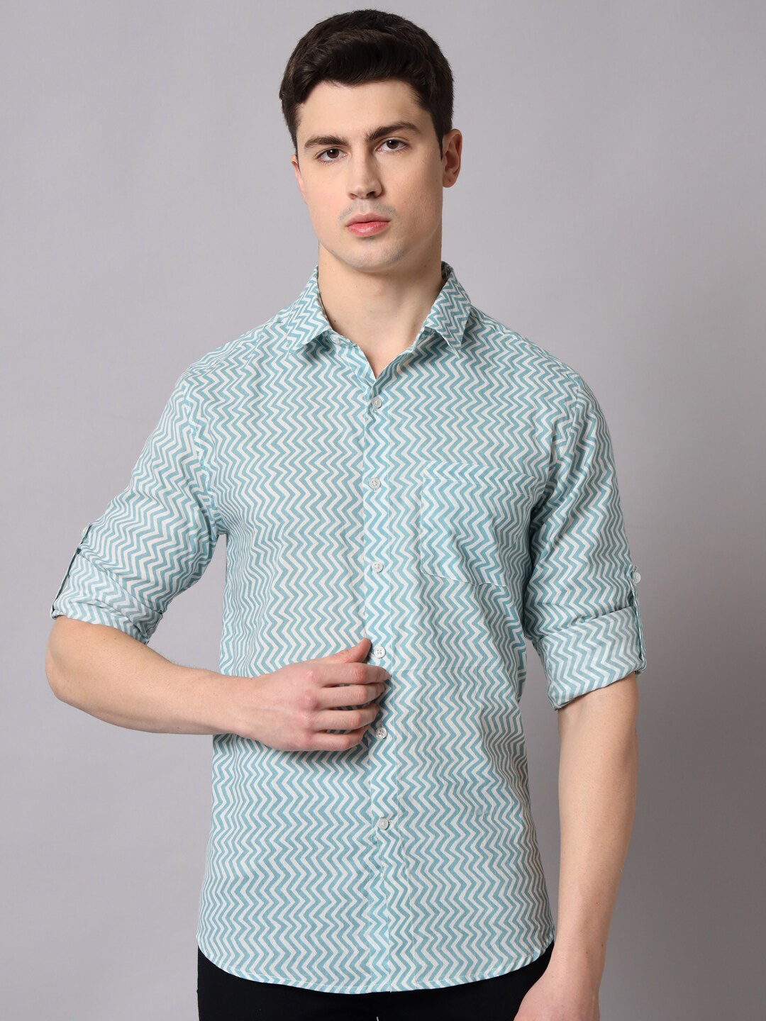 

Sutidora Men Classic Geometric Printed Cotton Casual Shirt, Turquoise blue