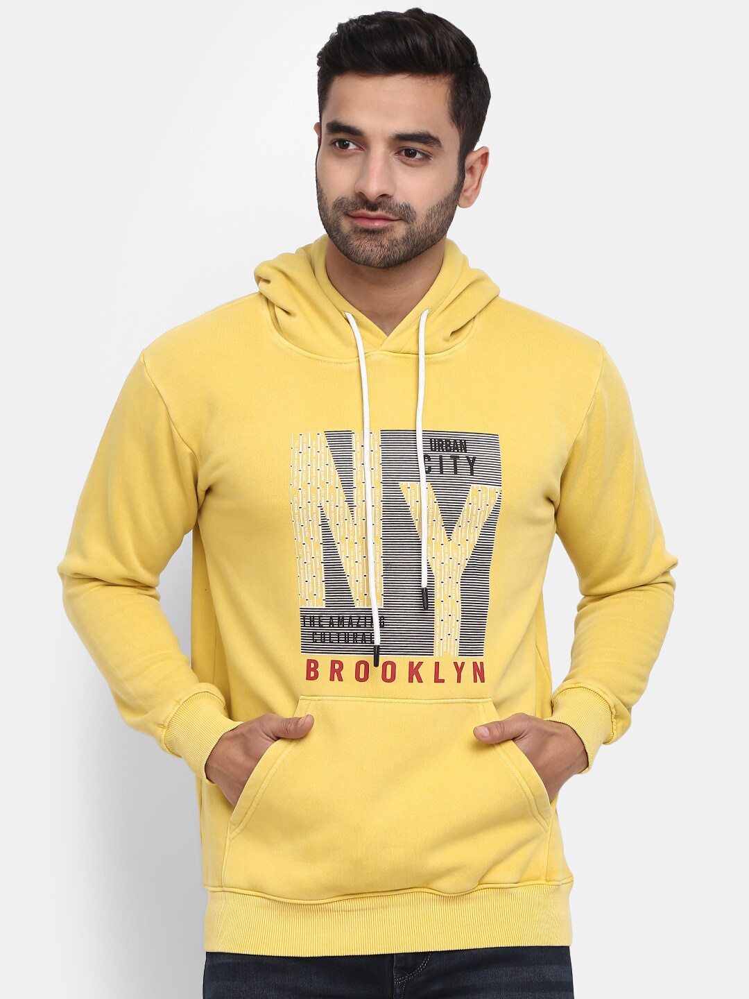 

V-Mart Men Printed Hooded Sweatshirt, Yellow