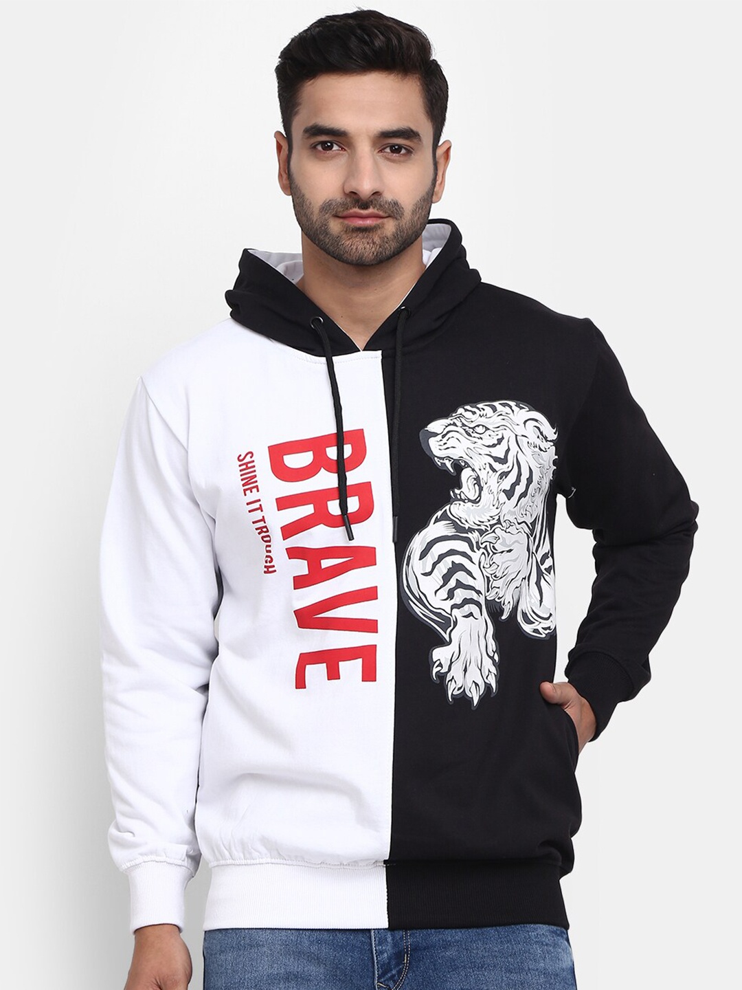 

V-Mart Men Printed Hooded Cotton Sweatshirt, Off white