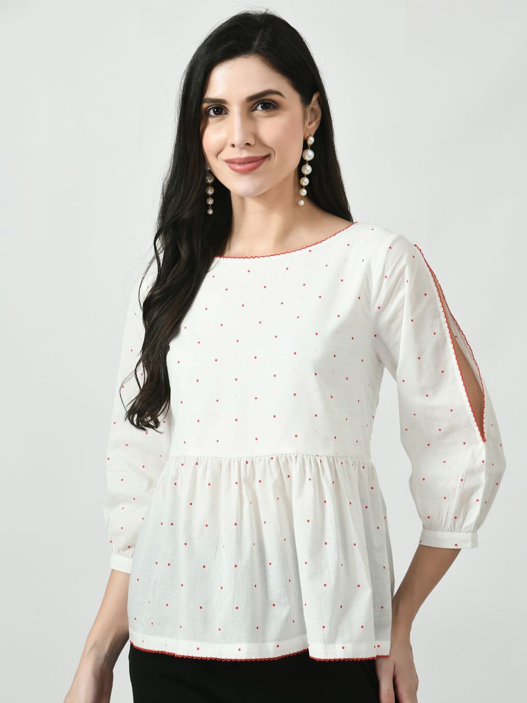 

MKOAL Polka Dots Printed Pure Cotton Peplum Top, White