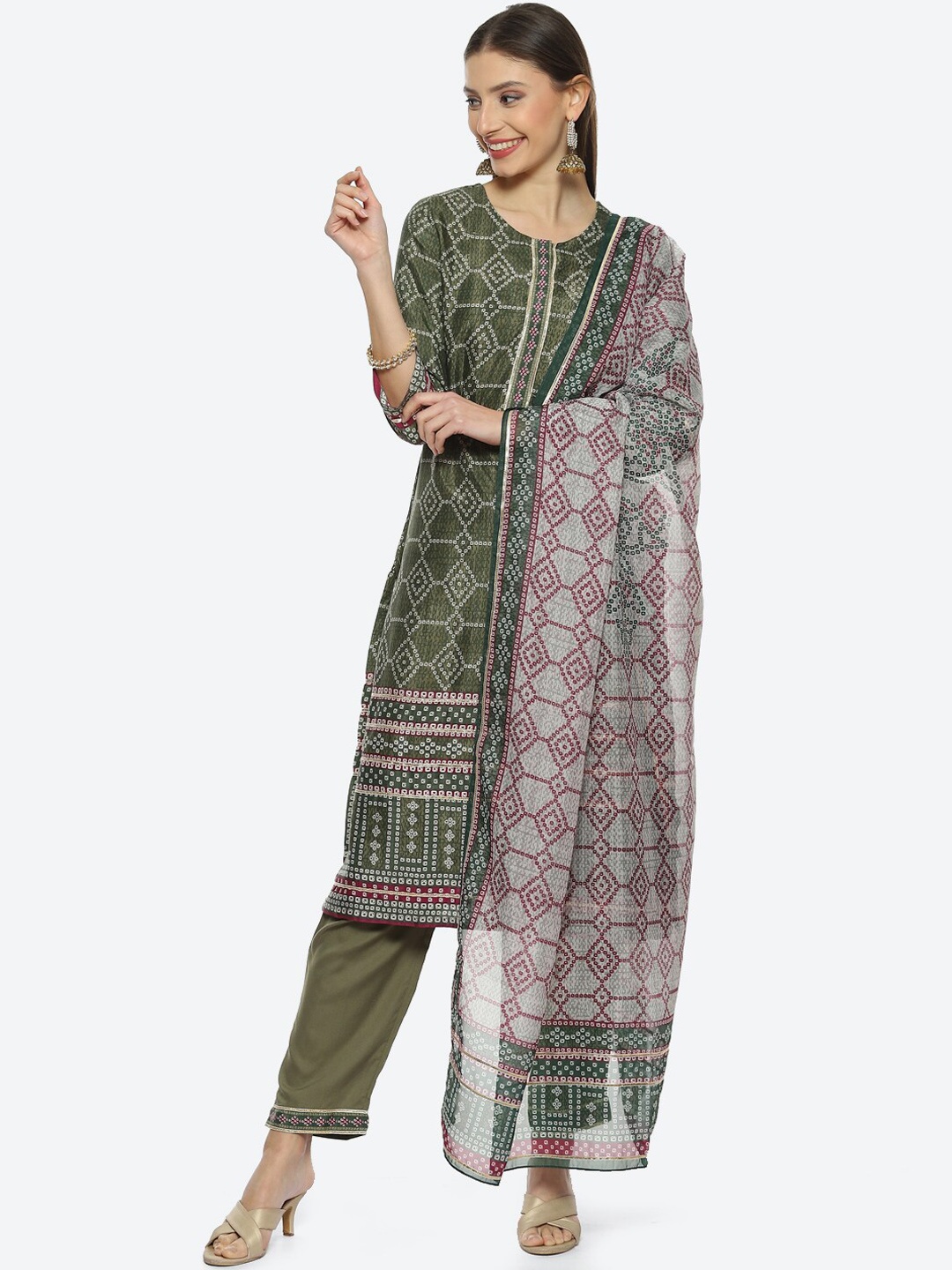 

Biba Women Plus Size Bandhani Printed Kurta With Trousers & Dupatta, Green
