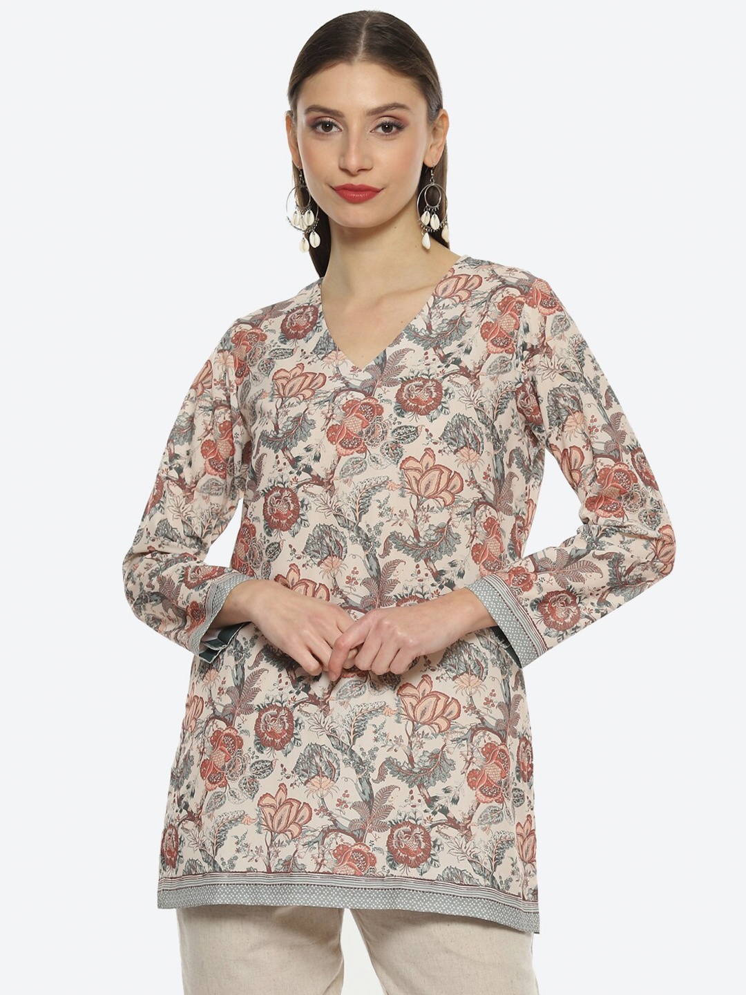 

Biba Women Floral Printed V-Neck Kurti, Brown