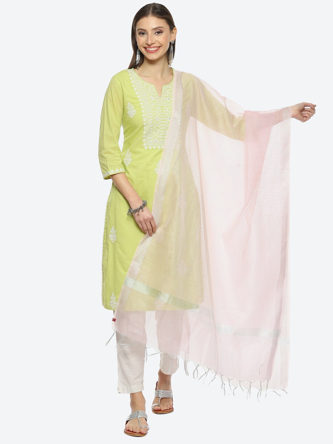 

Biba Checked Zari Details Dupatta with Tasseled Border, Pink