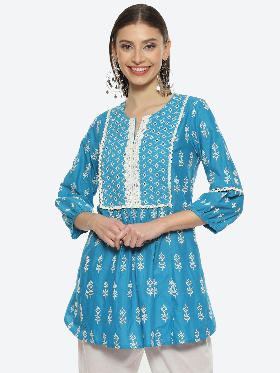 Biba Women Floral Printed Thread Work Kurti, Blue