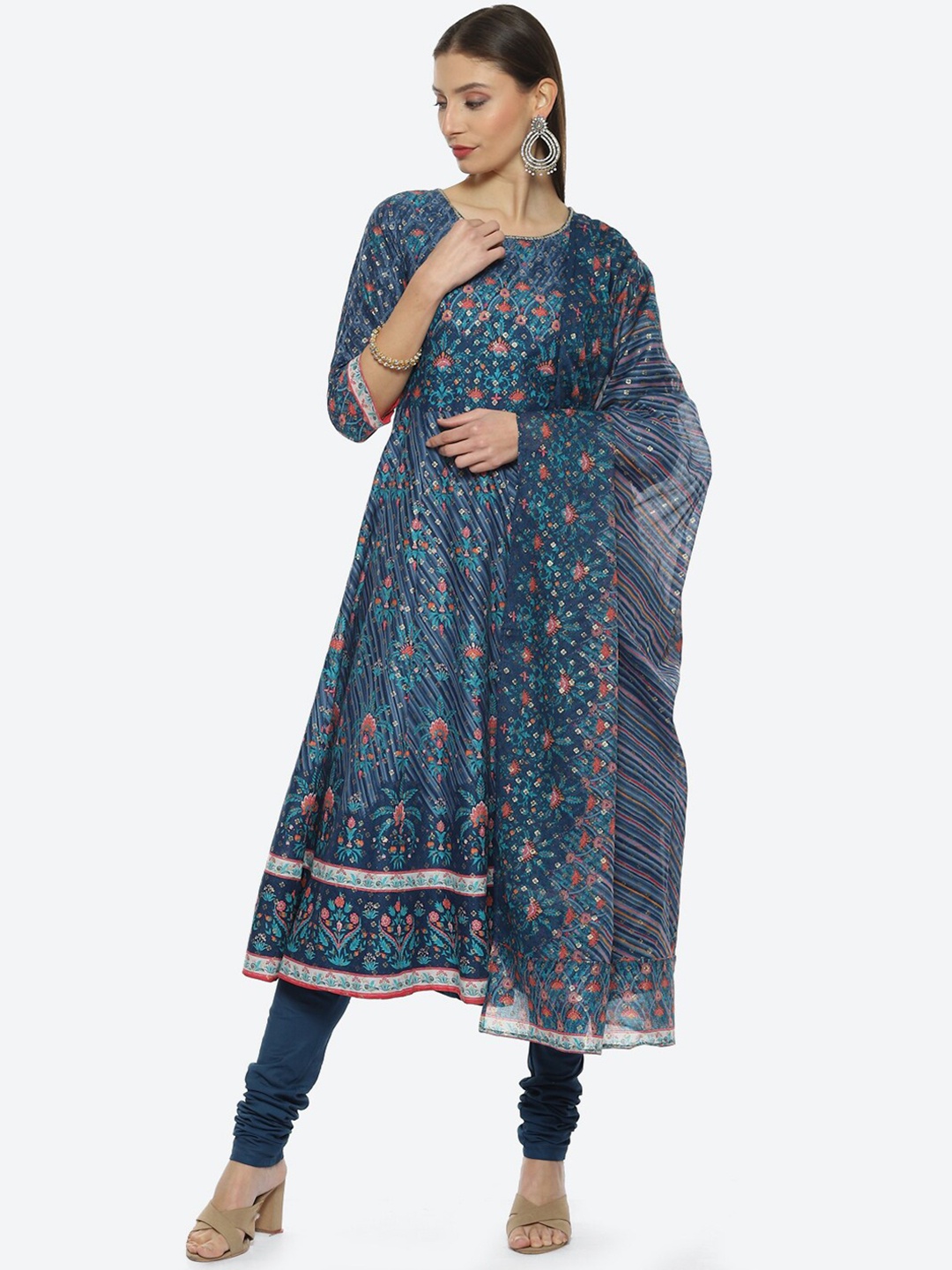

Biba Women Ethnic Motifs Printed Kurta With Churidar & Dupatta, Blue