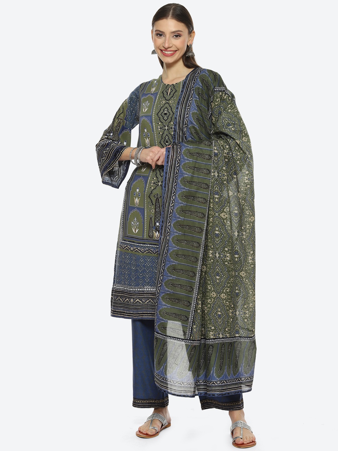 

Biba Women Ethnic Motif Printed Kurta With Trousers & Dupatta, Blue