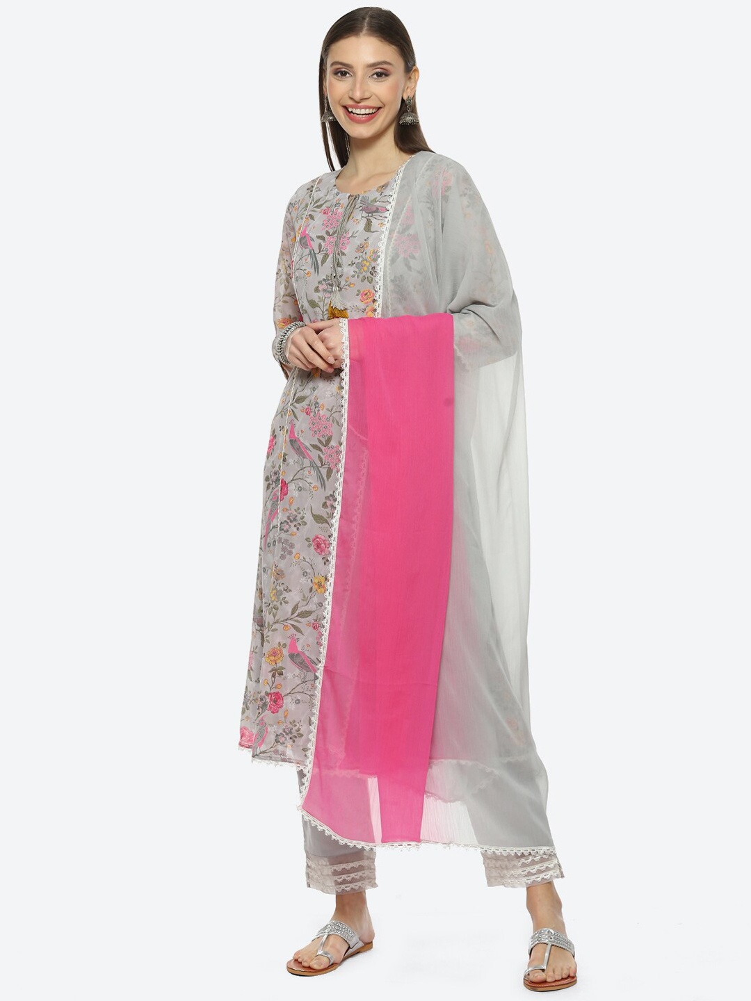 

Biba Women Floral Printed Kurta With Trousers & Dupatta, Grey