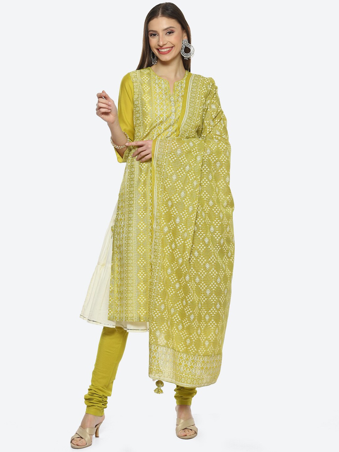 

Biba Women Ethnic Motifs Printed Layered Kurta With Churidar & Dupatta, Green