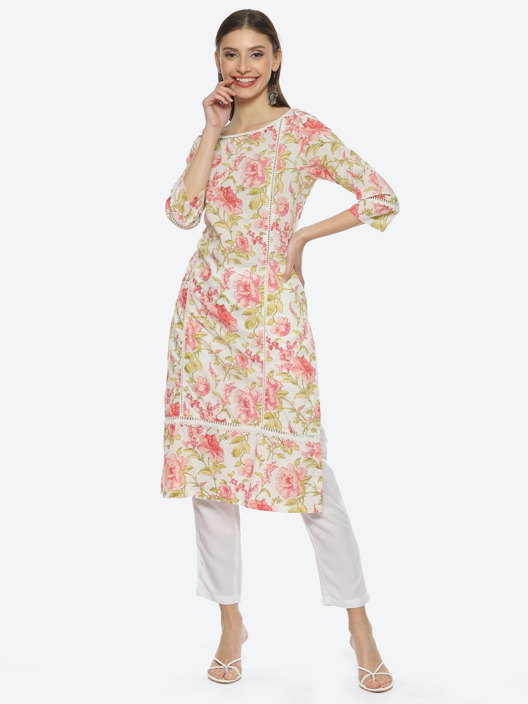 

Biba Floral Printed Cotton Boat Neck Straight Kurta, Off white