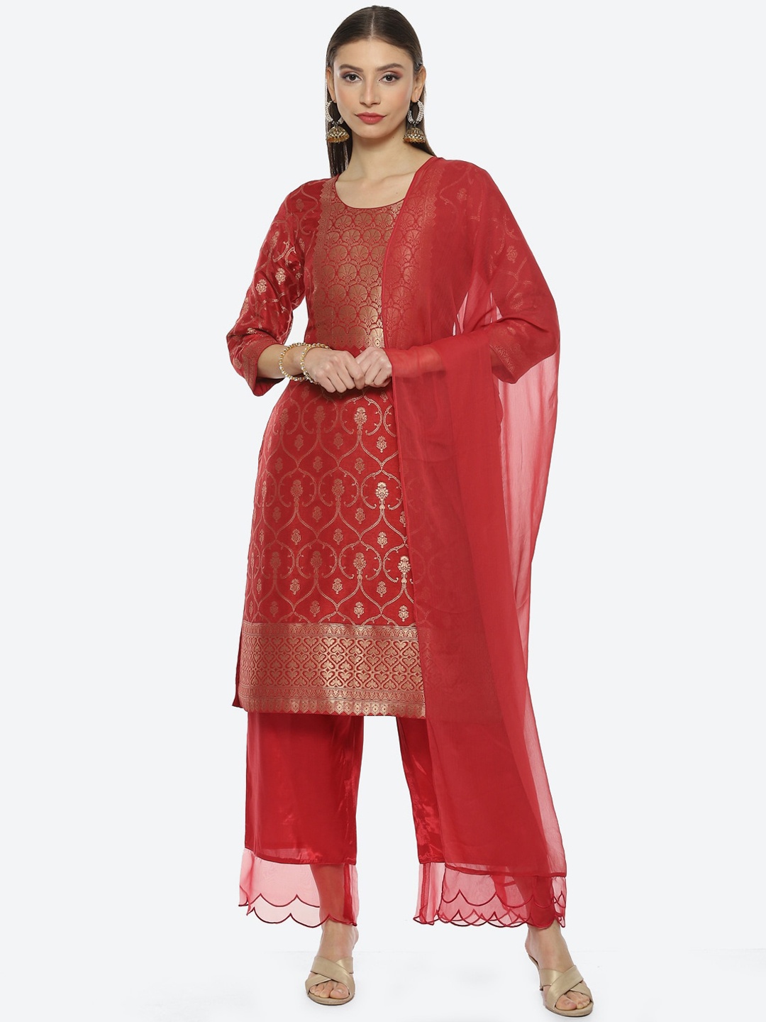 

Biba Women Plus Size Ethnic Motifs Printed Kurta With Palazzos & Dupatta, Red