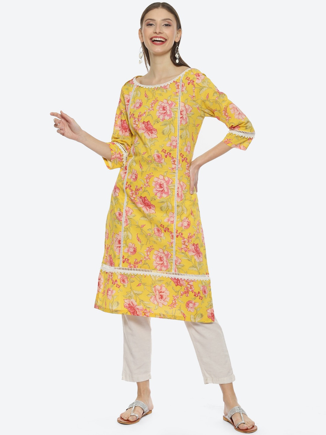 

Biba Plus Size Floral Printed Cotton Kurta, Yellow