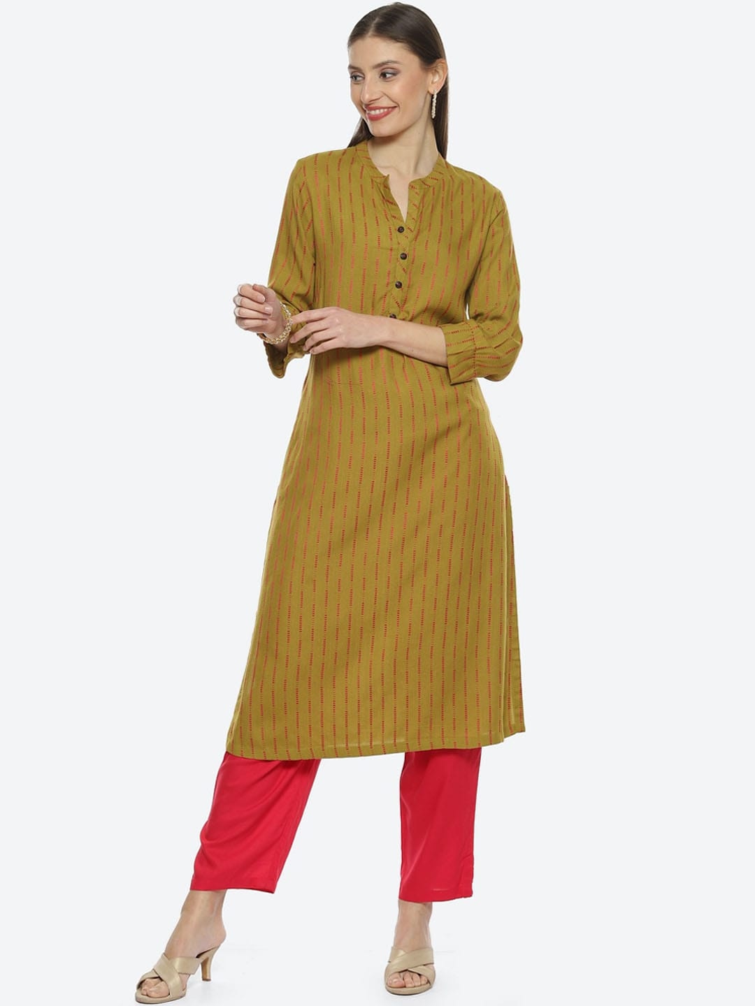 

Biba Women Striped A-Line Kurta, Olive