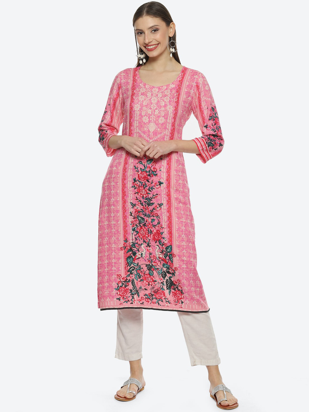 

Biba Women Floral Printed Straight Kurta, Pink