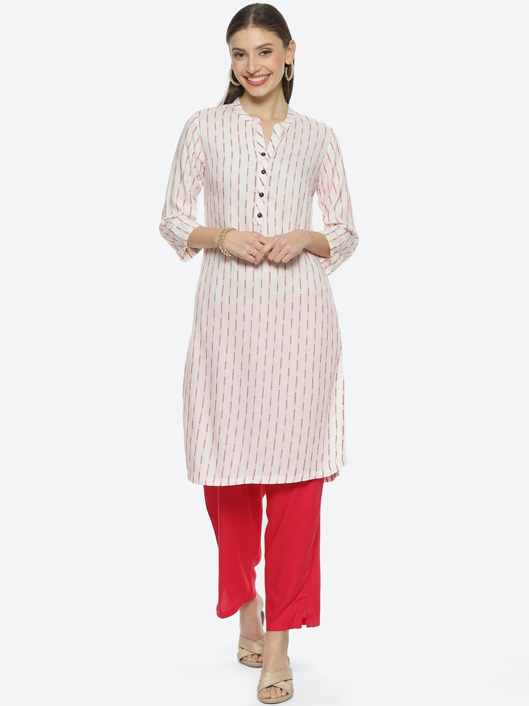 

Biba Women Striped Woven Design Kurta, Off white