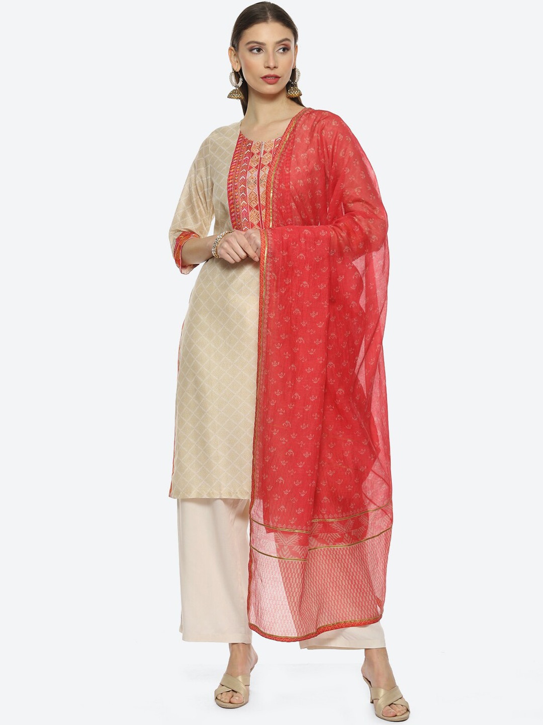 

Biba Embroidered Chanderi Silk Straight Kurta with Palazzos & With Dupatta, Cream