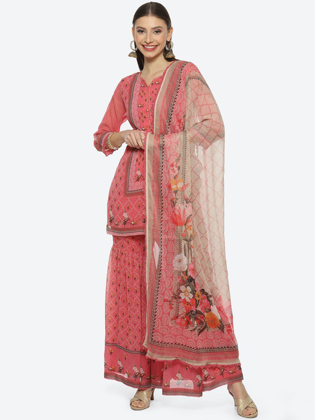 

Biba Floral Printed Straight Kurta with Sharara & With Dupatta, Coral