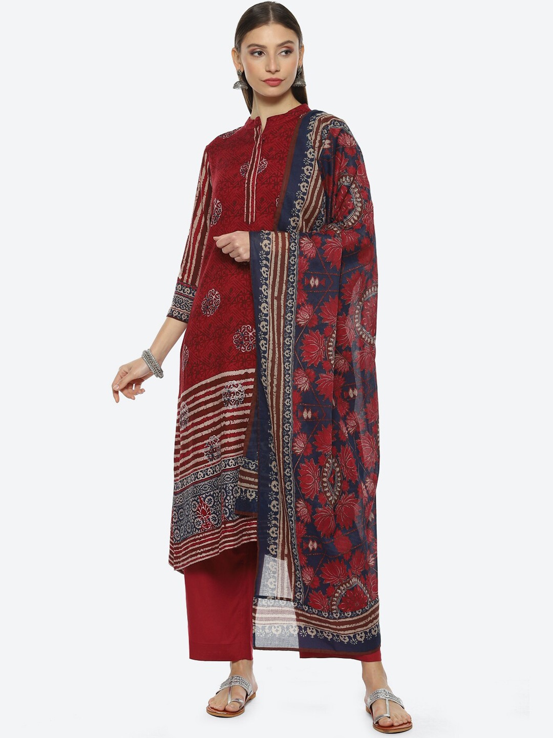 

Biba Ethnic Motifs Printed Straight Kurta with Palazzos & With Dupatta, Maroon