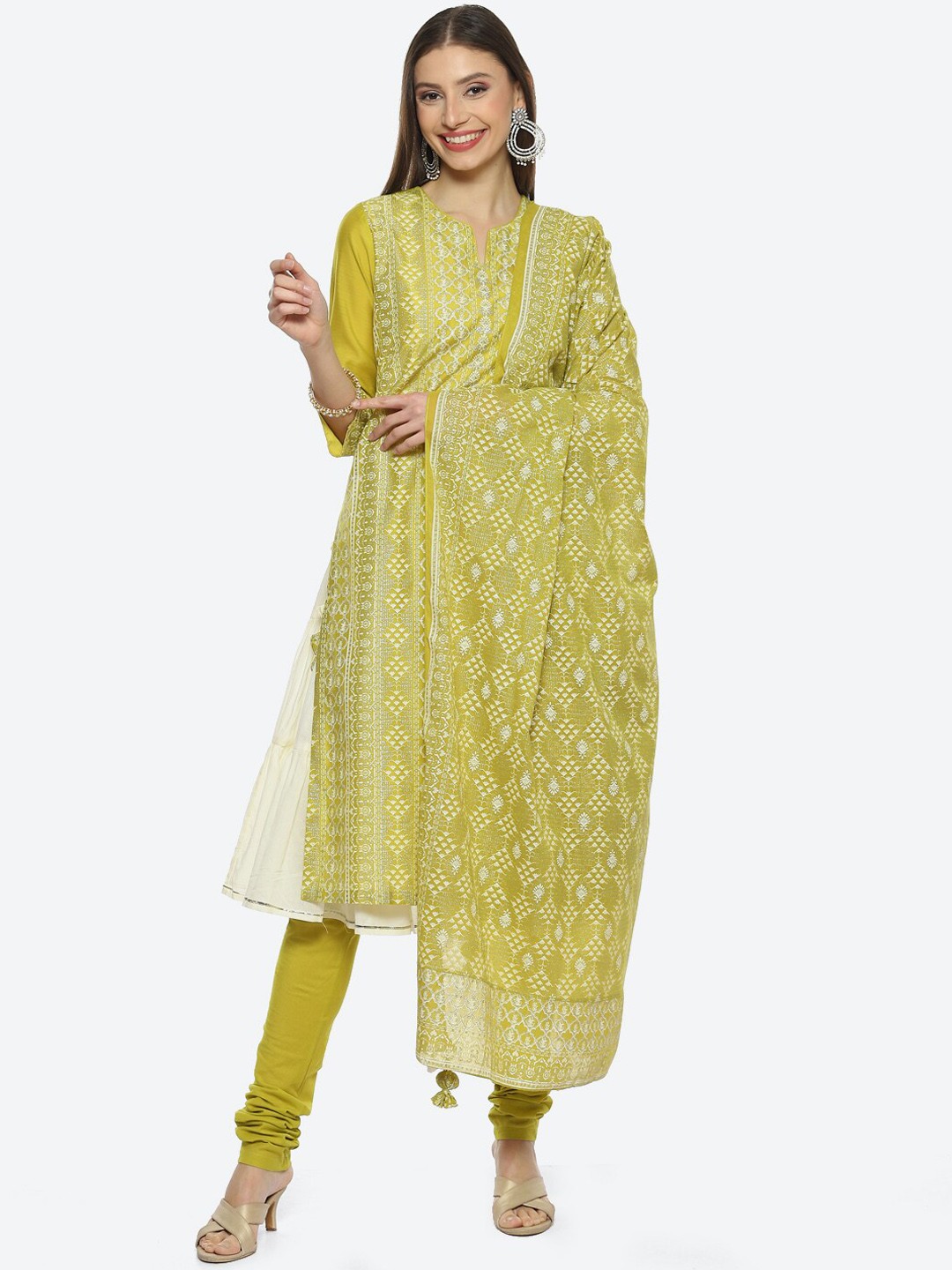 

Biba Women Ethnic Motifs Printed Kurta with Churidar & With Dupatta, Lime green