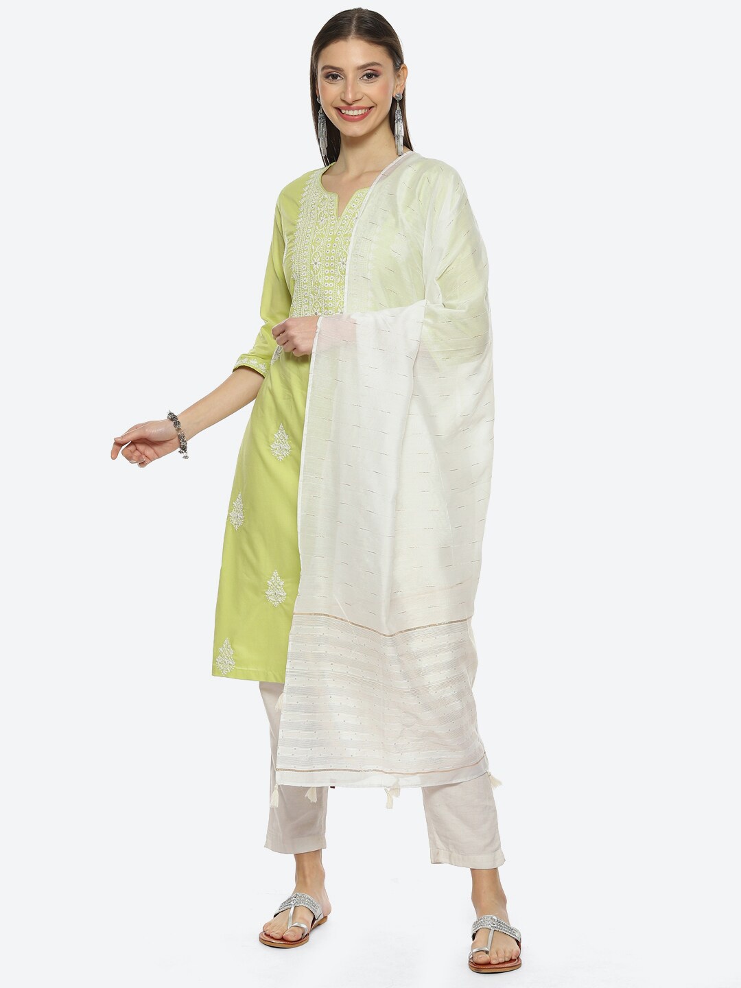 

Biba Off Striped Embroidered Sequinned Dupatta With Tasseled Border, Off white