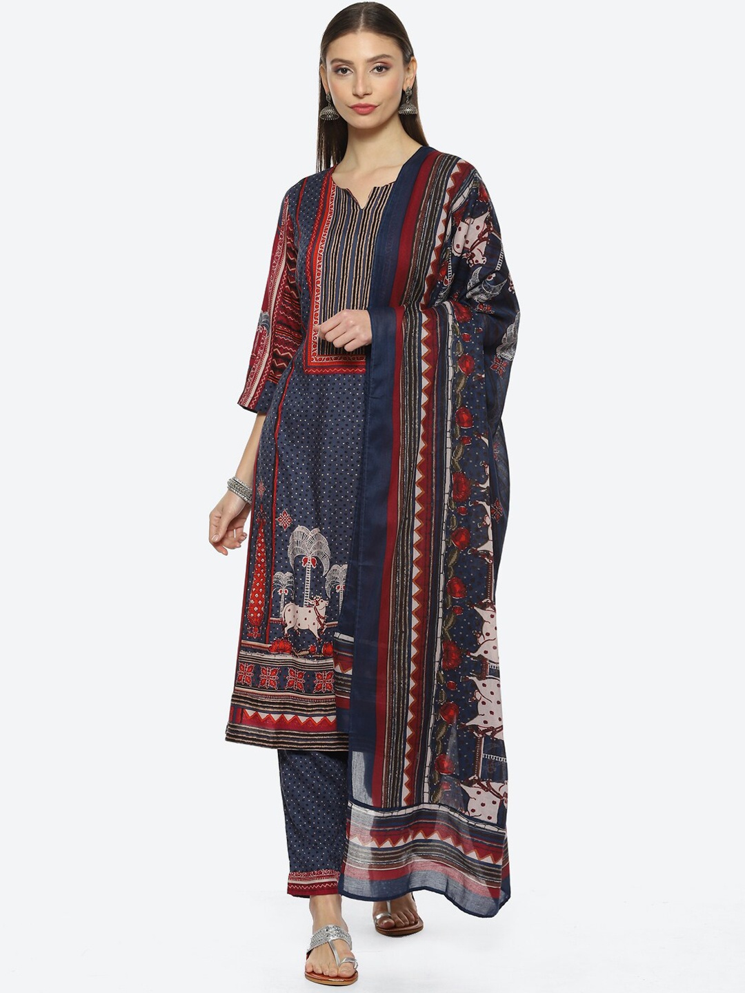 

Biba Ethnic Motifs Printed Notched Neck Kurta with Trousers & Dupatta, Navy blue