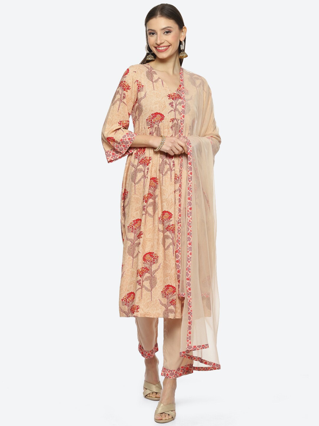Biba Floral Printed Kurta With Trousers & Dupatta, Beige