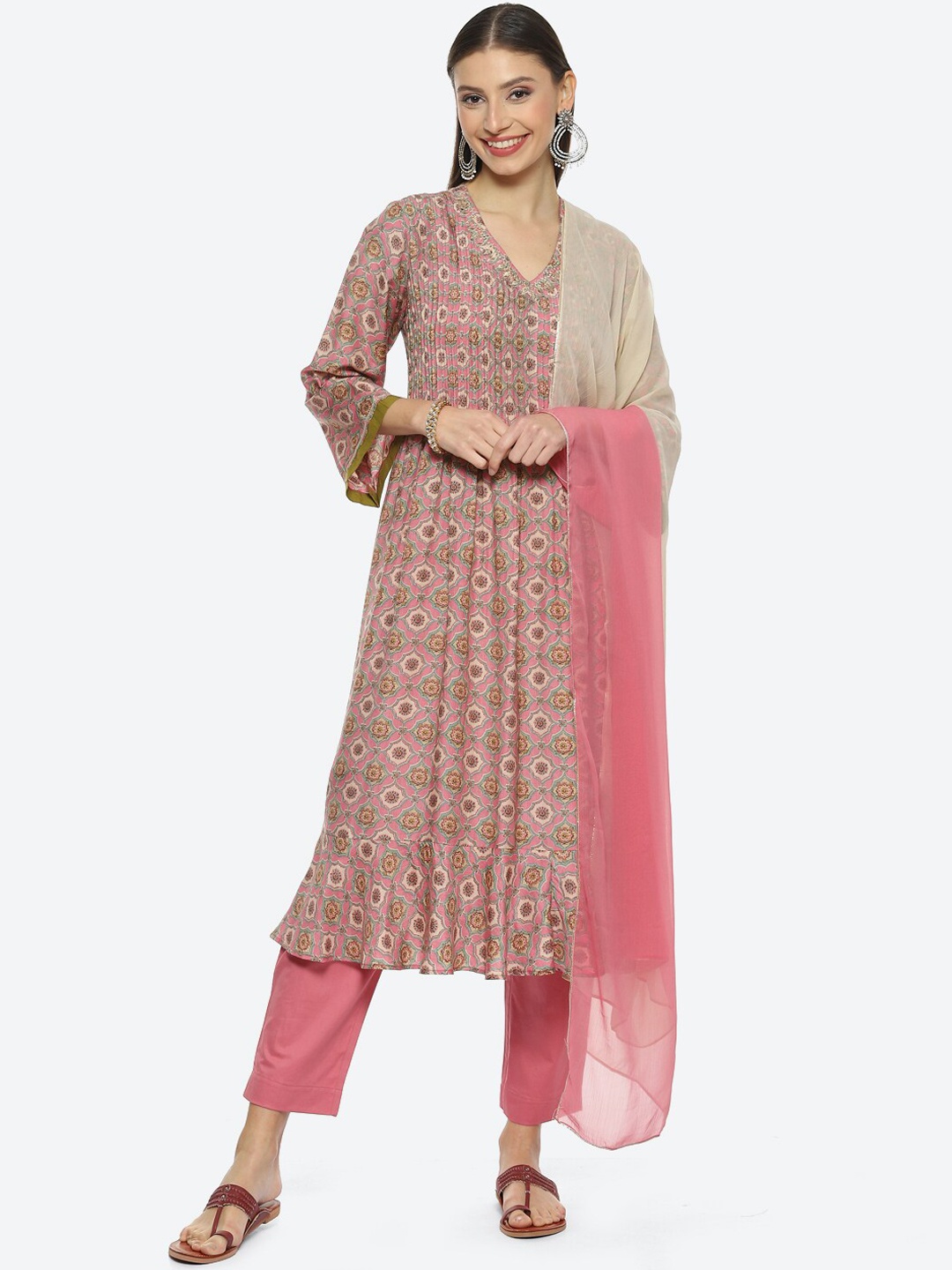 

Biba Plus Size Floral Printed Kurta with Trousers & Dupatta, Pink