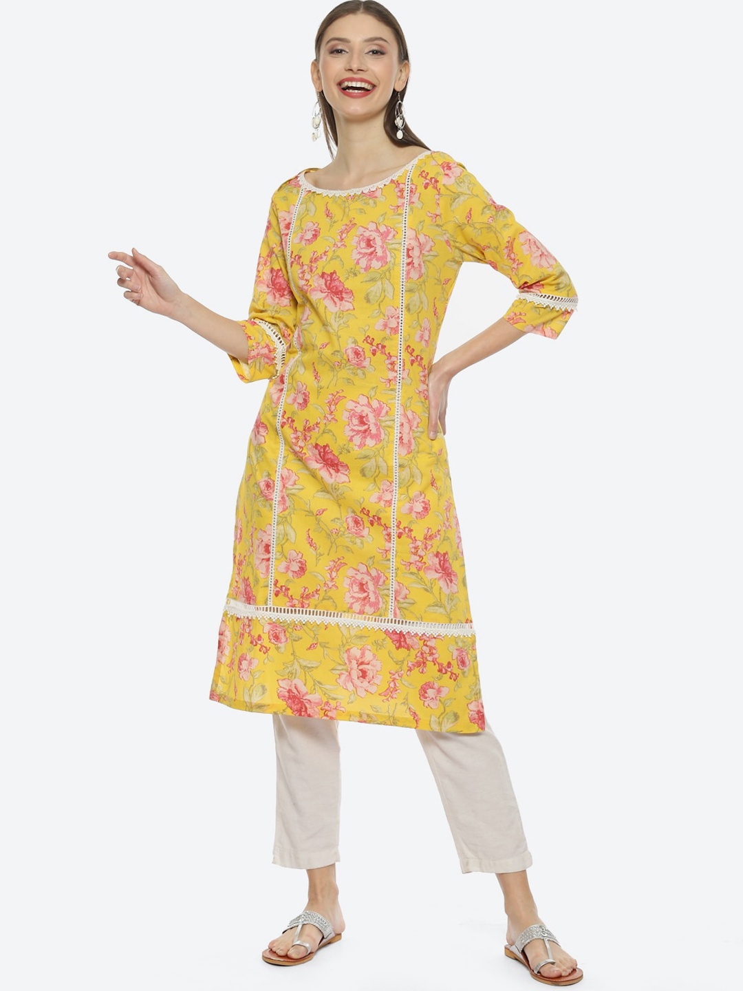 

Biba Women Floral Printed Panelled Pure Cotton Straight Kurta, Yellow