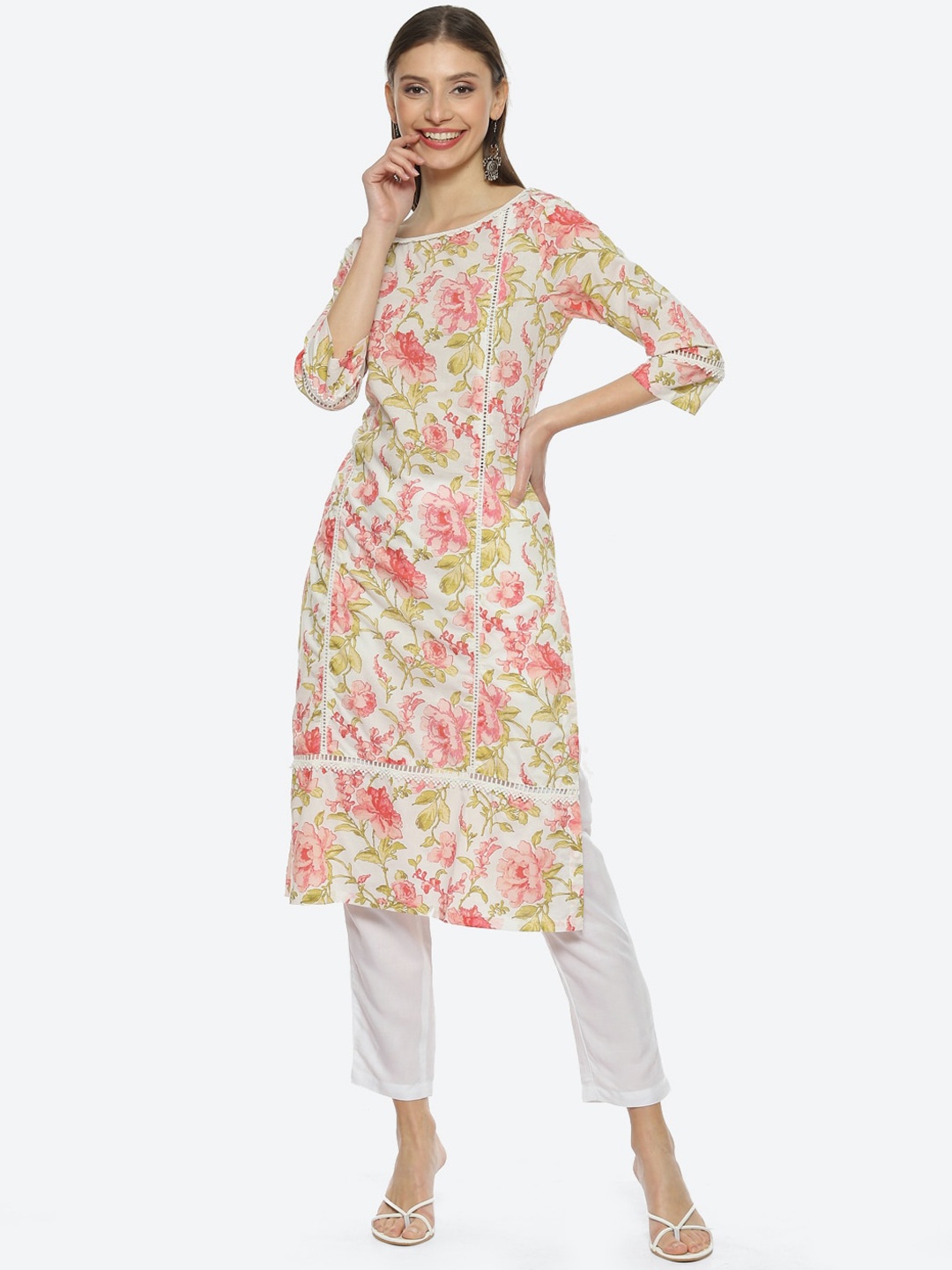 

Biba Women Floral Printed Cotton Kurta, Off white
