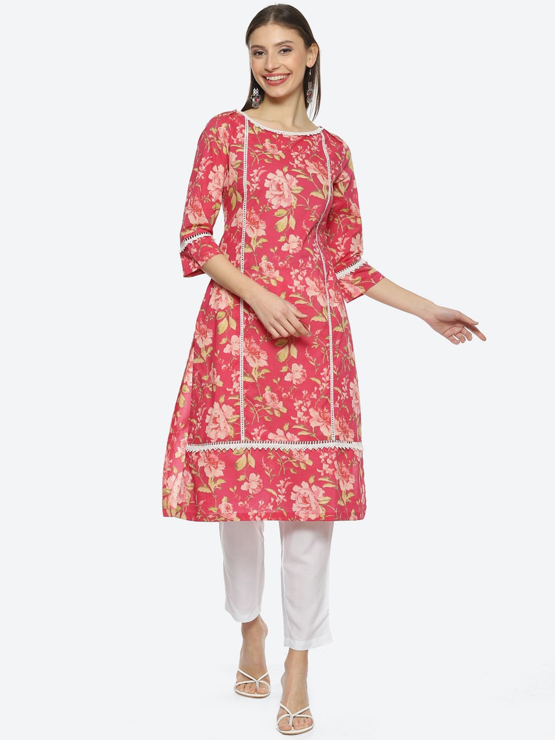 

Biba Women Floral Printed Cotton Kurta, Pink