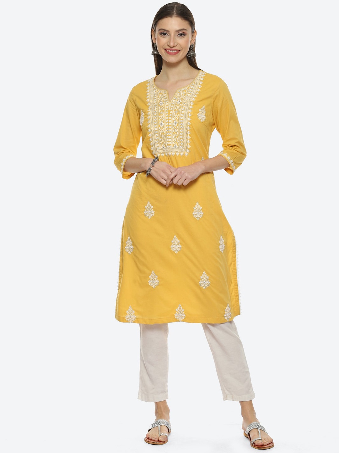 

Biba Women Ethnic Motifs Embroidered Cotton Kurta, Yellow