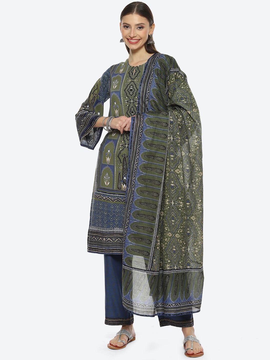 

Biba Women Floral Printed Kurta with Palazzos & With Dupatta, Blue