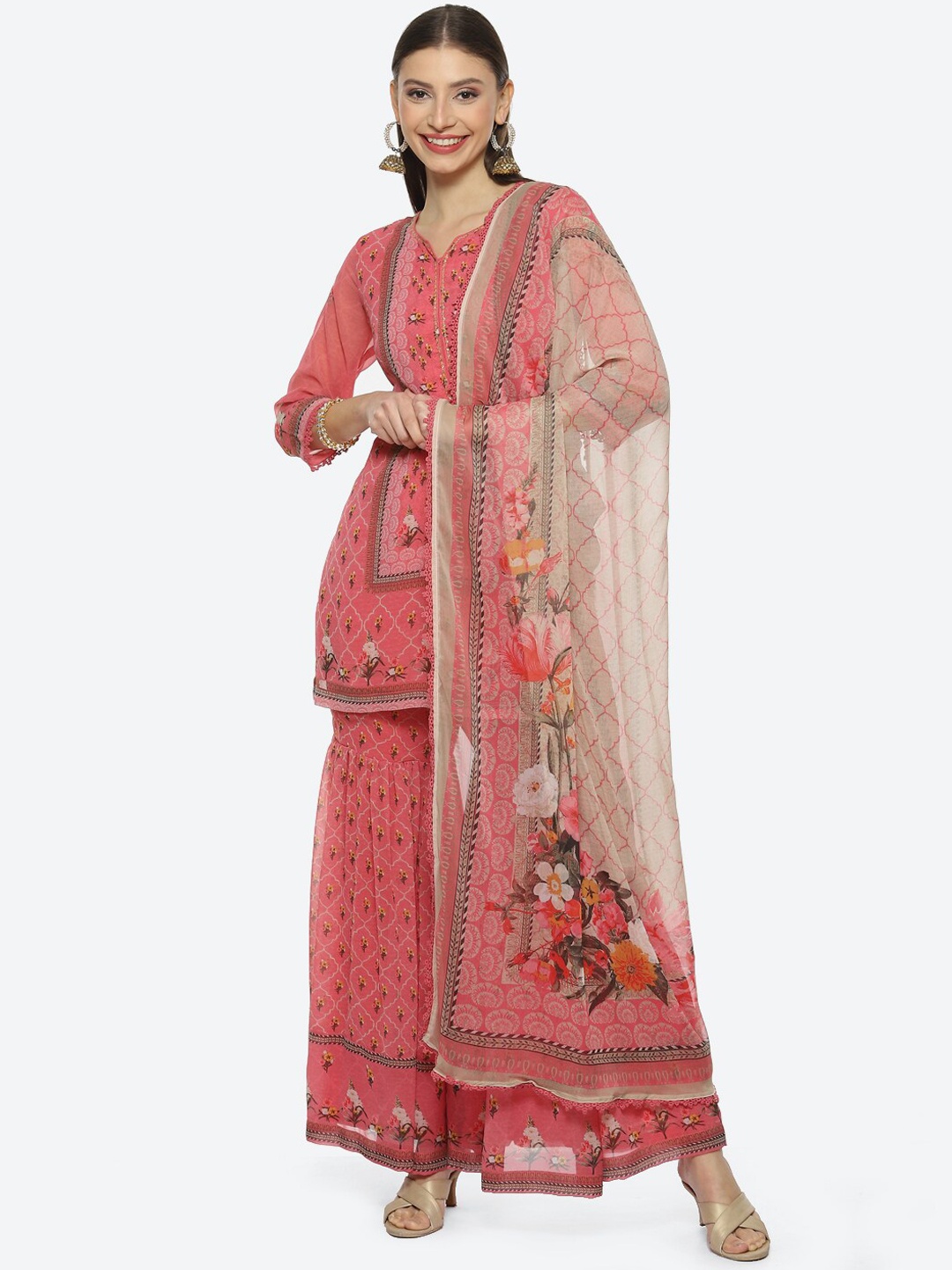 

Biba Women Ethnic Motifs Printed Kurti with Sharara & With Dupatta, Coral