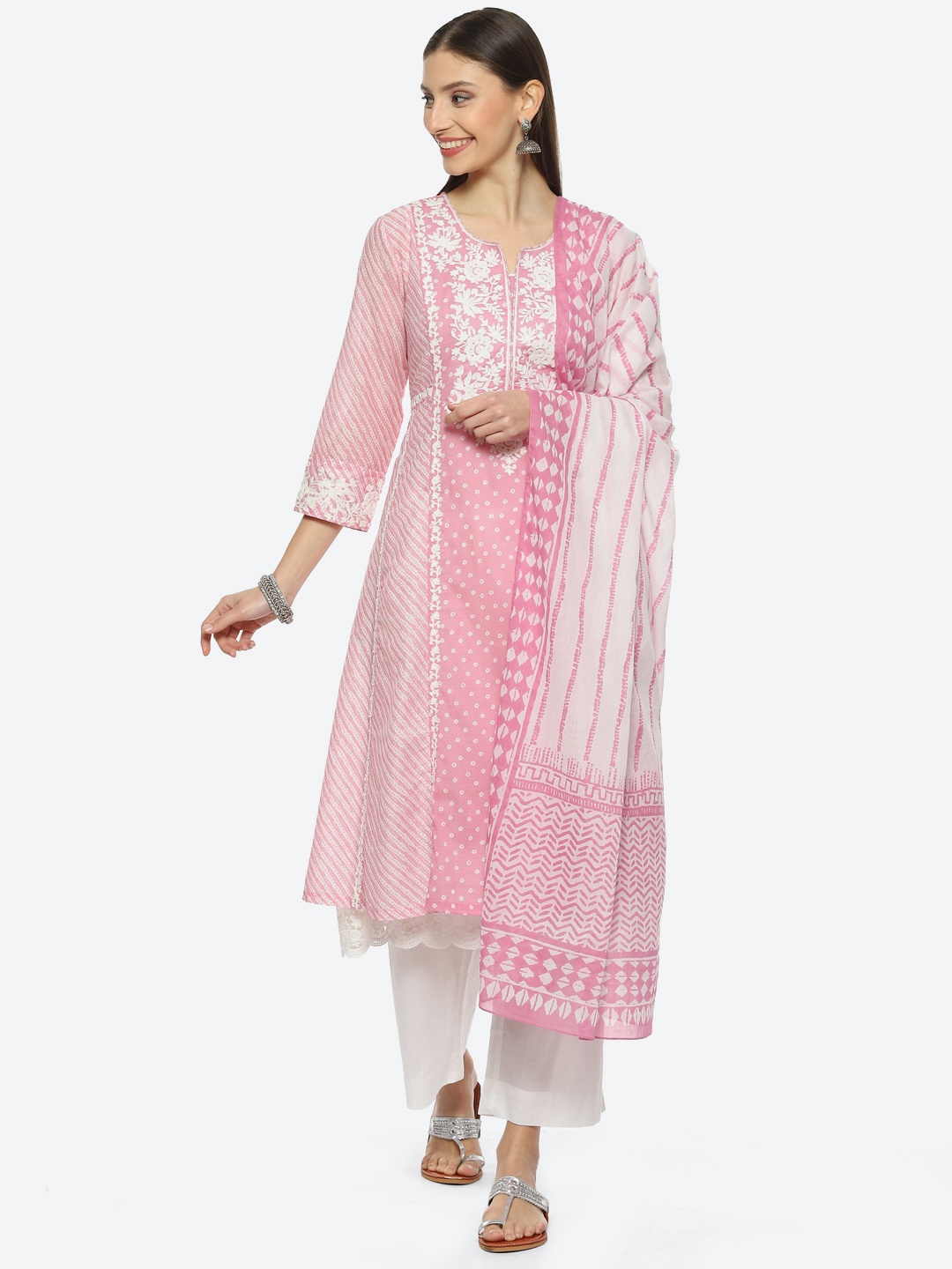 

Biba Women Bandhani Embroidered Layered Thread Work Kurta with Palazzos & With Dupatta, Pink