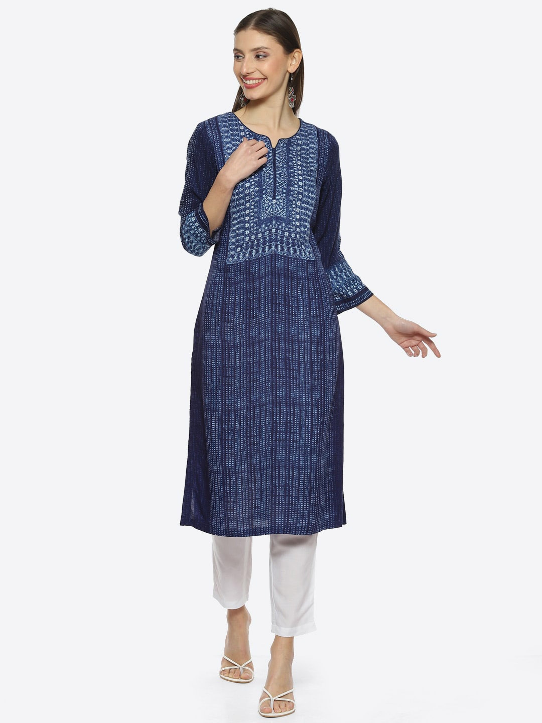 Biba Women Floral Printed Kurta, Navy blue