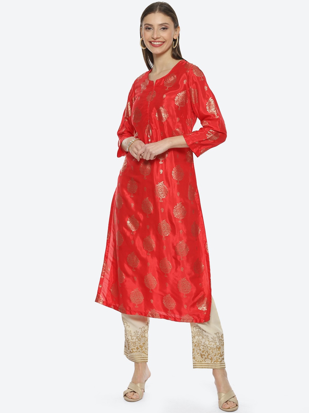 Biba Women Woven Design Zari Kurta, Red