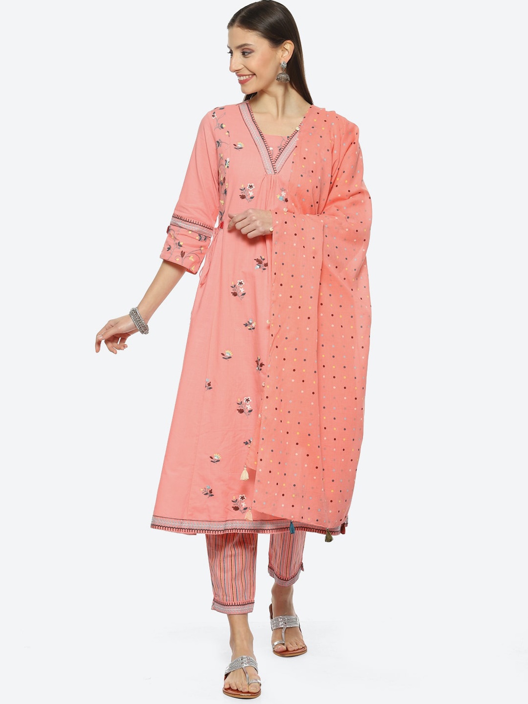 

Biba Women Floral Embroidered Thread Work Kurta with Trousers & With Dupatta, Pink