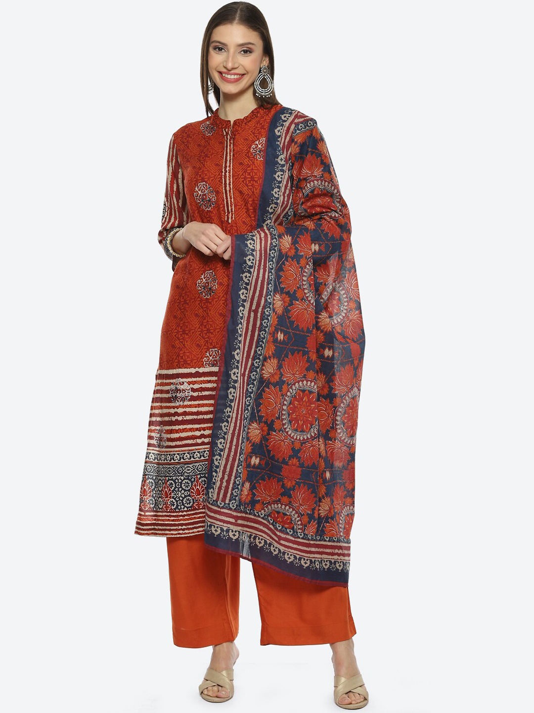 

Biba Women Ethnic Motifs Printed Kurta with Palazzos & With Dupatta, Rust