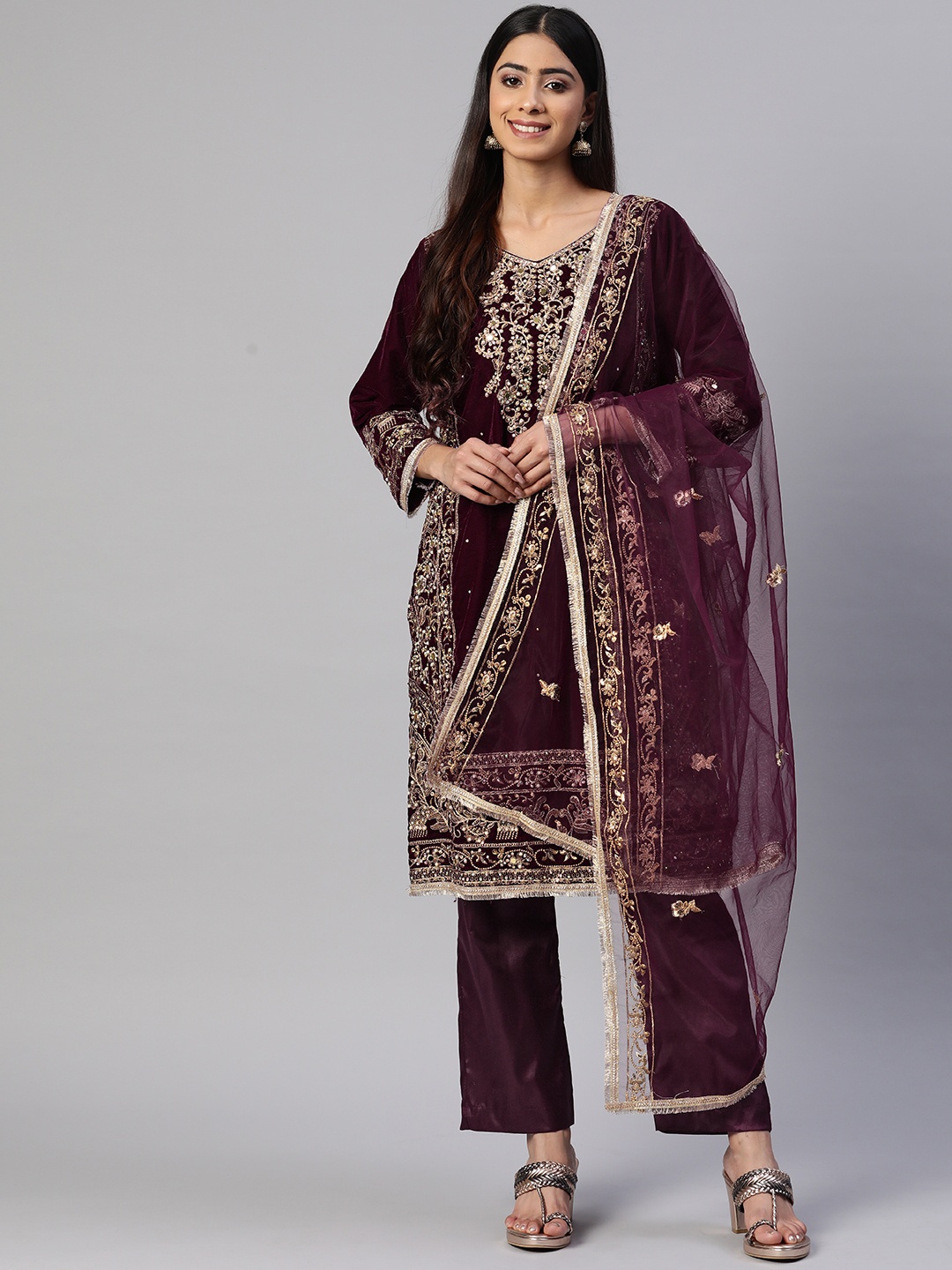 

Readiprint Fashions Embroidered Velvet Semi-Stitched Dress Material, Burgundy