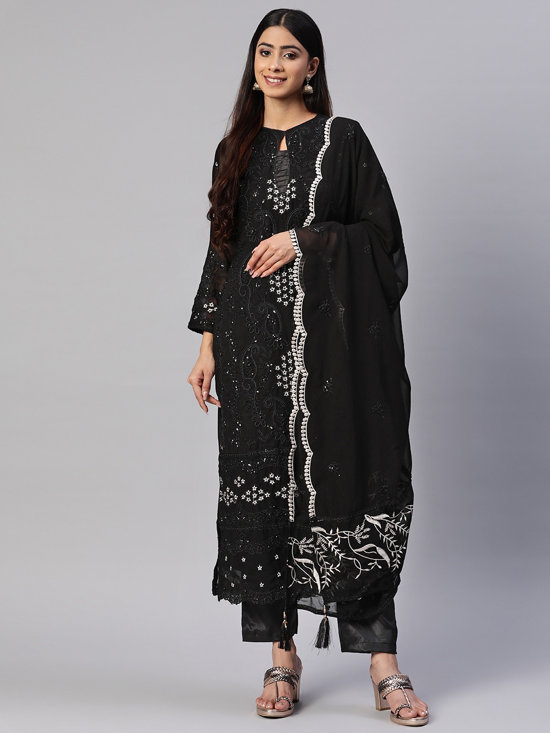 

Readiprint Fashions Embroidered Semi-Stitched Dress Material, Black