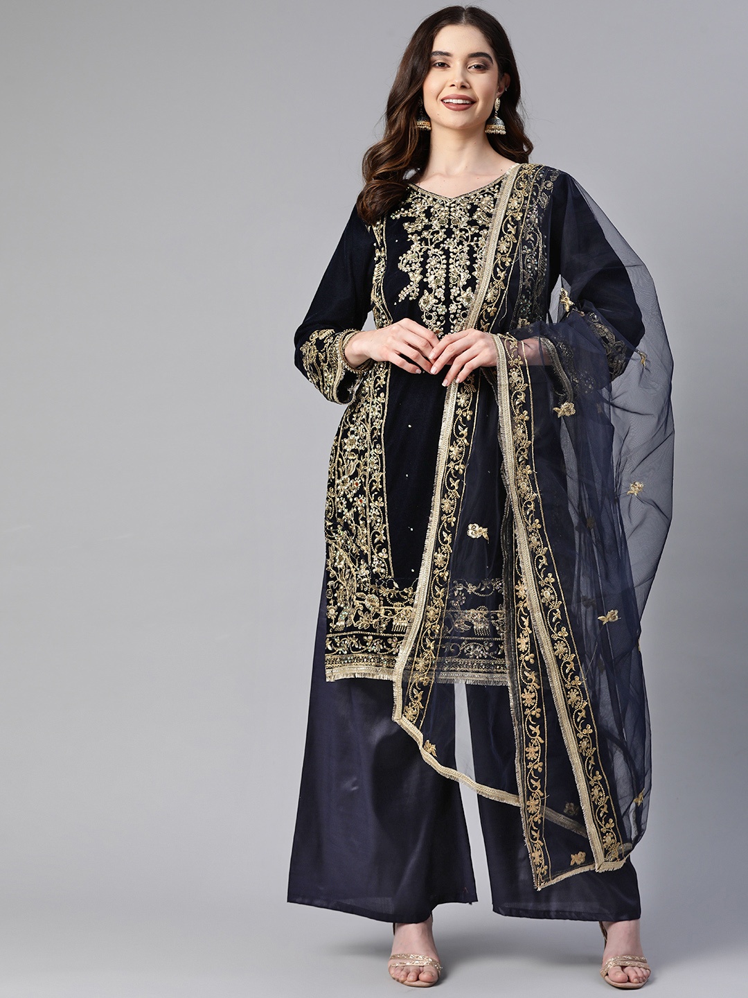 

Readiprint Fashions Embroidered Velvet Semi-Stitched Dress Material, Navy blue