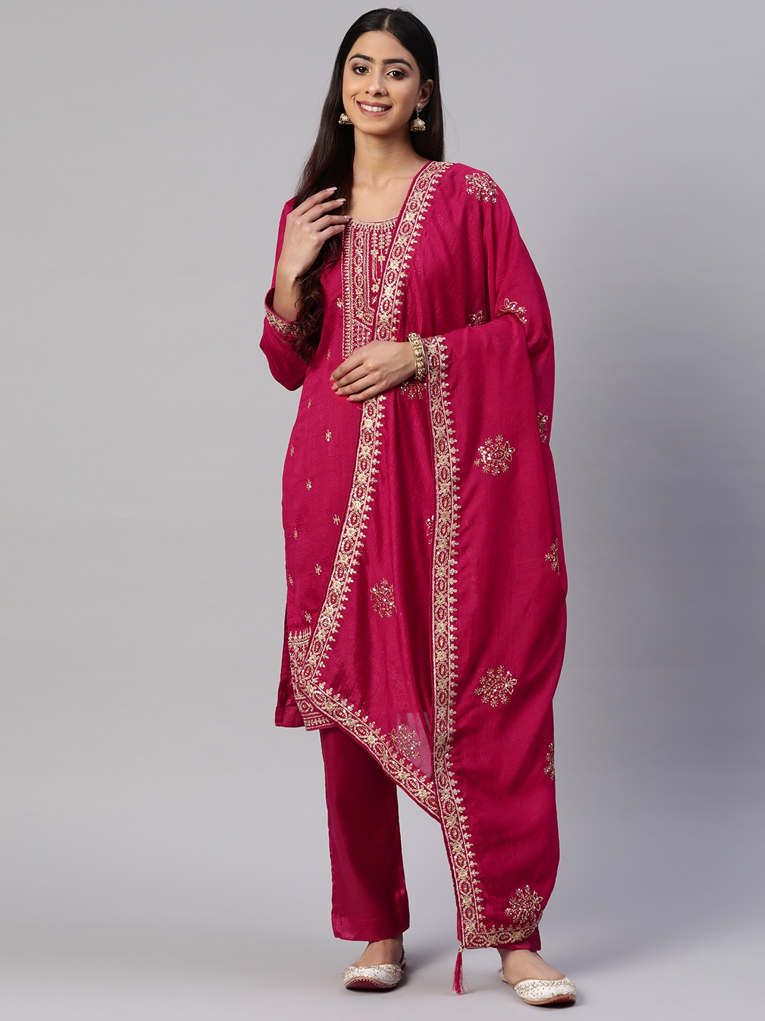 

Readiprint Fashions Embroidered Art Silk Semi-Stitched Dress Material, Magenta