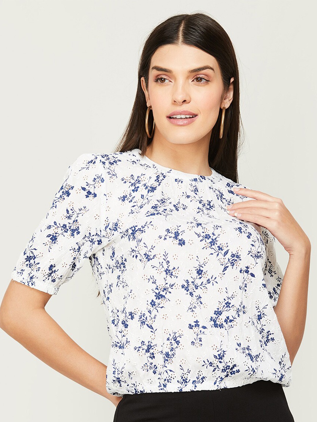 

CODE by Lifestyle Floral Print Schiffli Top, White
